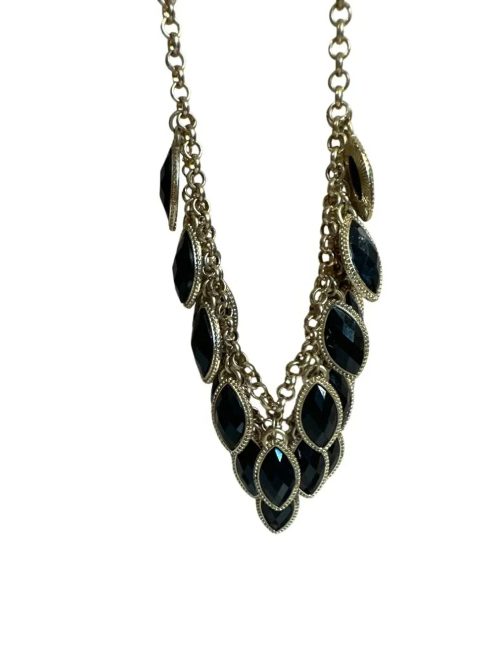 Gold-Tone Necklace Black Marquise Faceted Beads Bib Chunky Career Elegant